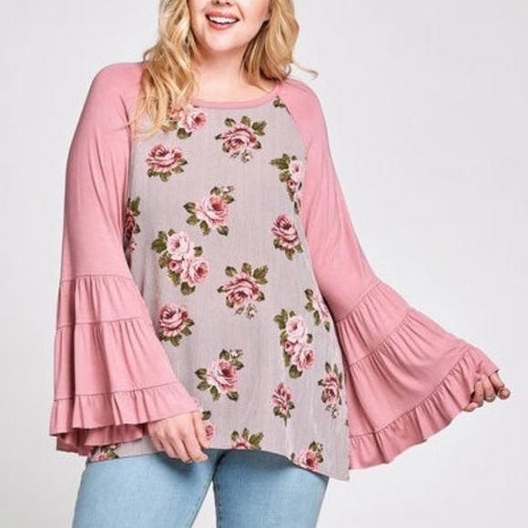 Tops - Mauve Pink Floral Ruffle Kimono Bell Slv Tunic Top